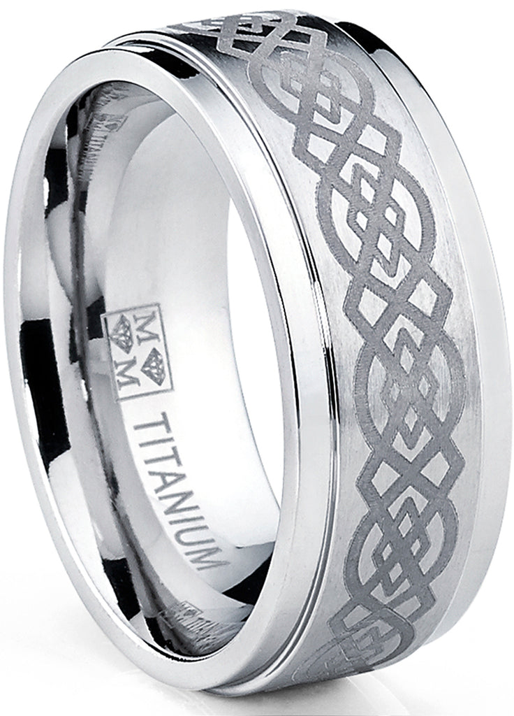 Men's Titanium Wedding Band Ring with Laser Etched Celtic Design, 9mm Comfort Fit, Sizes 7 to 13