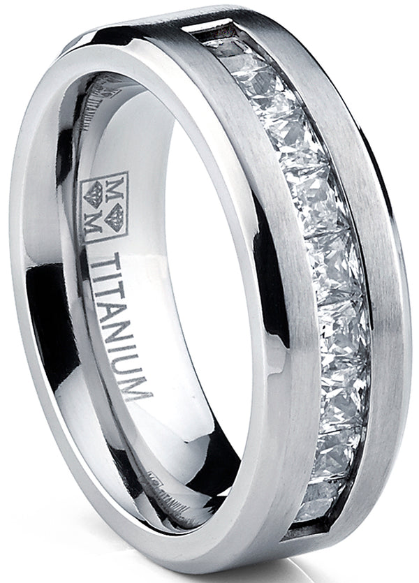 Titanium .9Ct Men's Wedding Band Engagement Ring with 9 large Princess Cut Cubic Zirconia