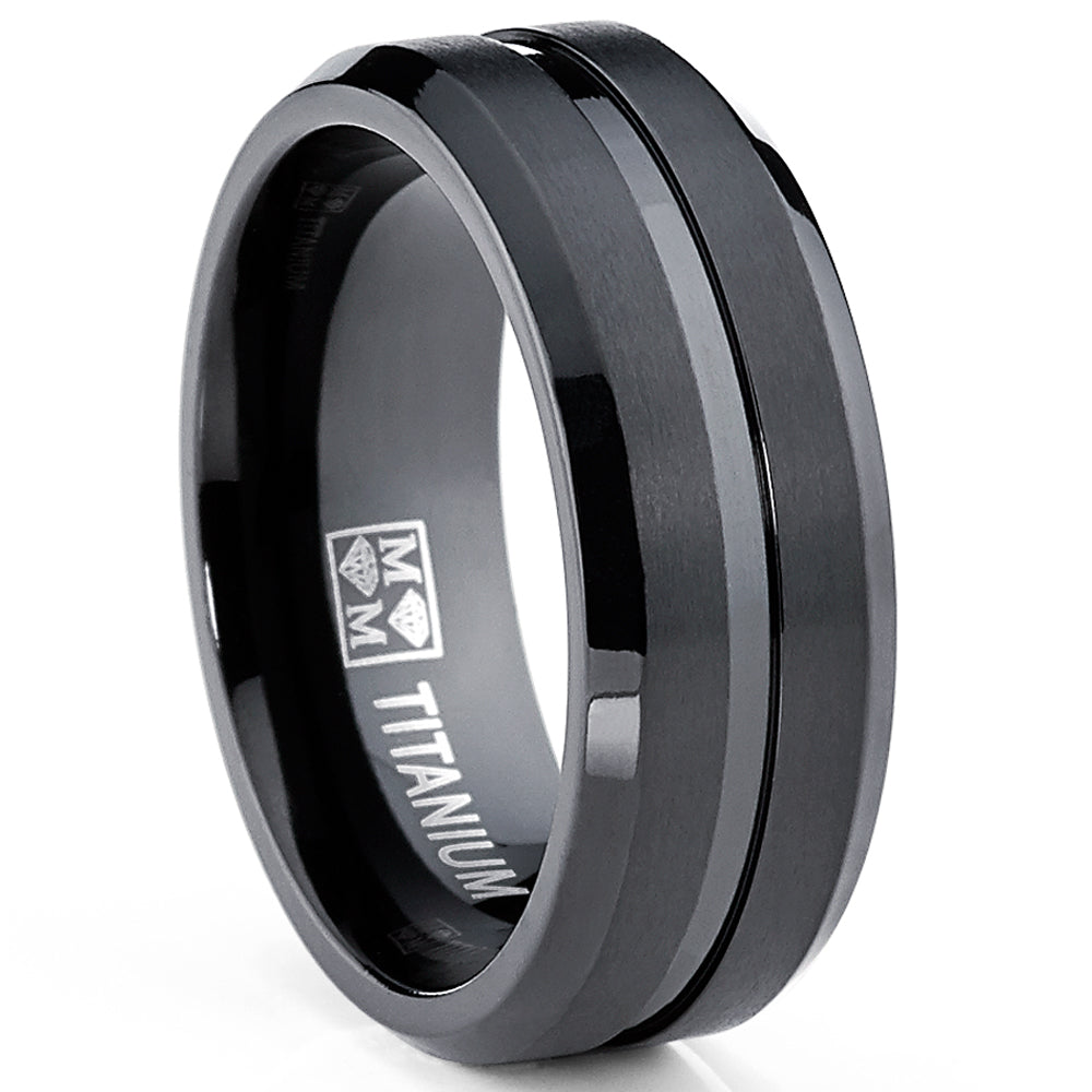 Men's Black Titanium Ring, Wedding Engagement Band, 8MM Comfort Fit Sizes 7 to 13