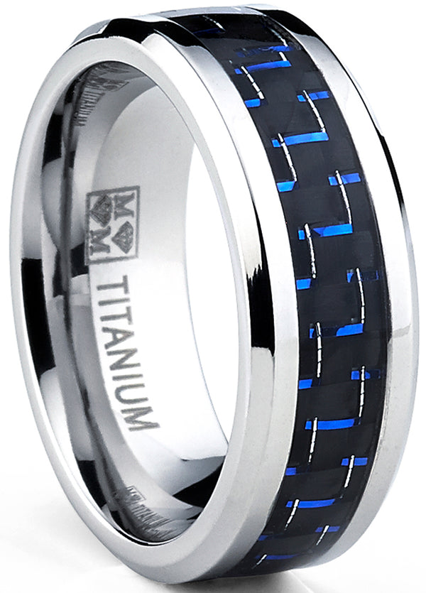 Men's Titanium Ring Wedding Engagement Band with Black and Blue Carbon Fiber Inlay, 8mm