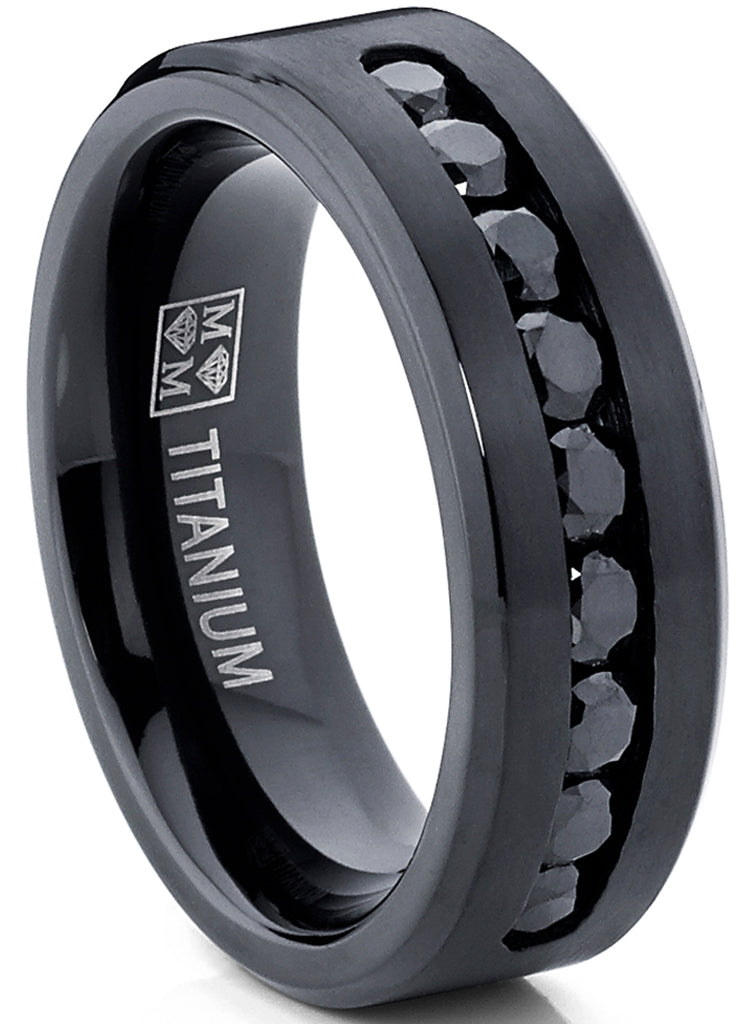 Men's Black Titanium Ring Wedding Engagement Band With 9 Large Channel Set Black CZ, 8mm