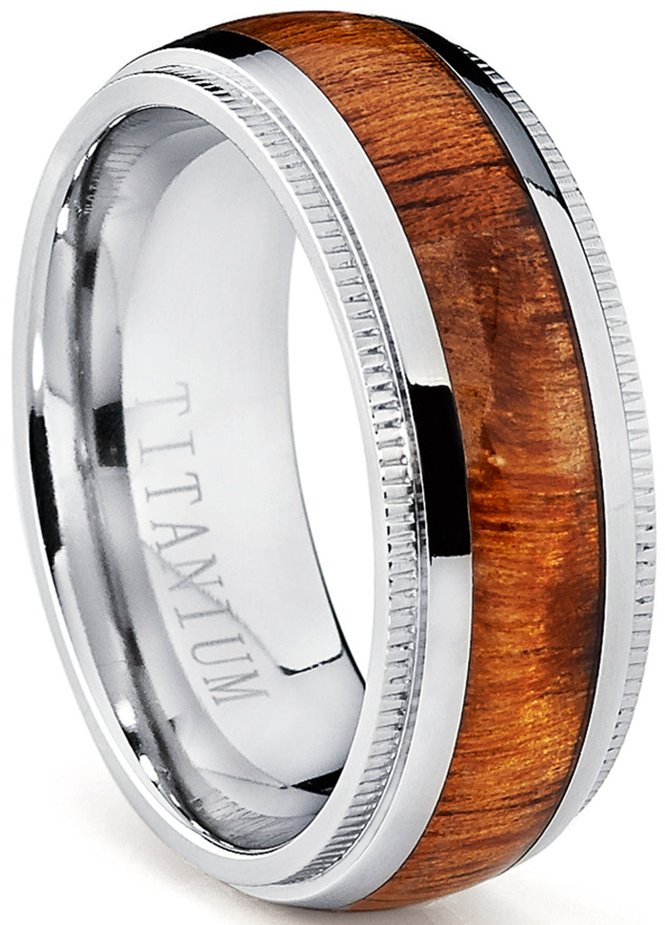 Titanium Wedding Band, Engagement Ring with Real Hawaiian Koa Rosewood Inlay, 8mm comfort fit