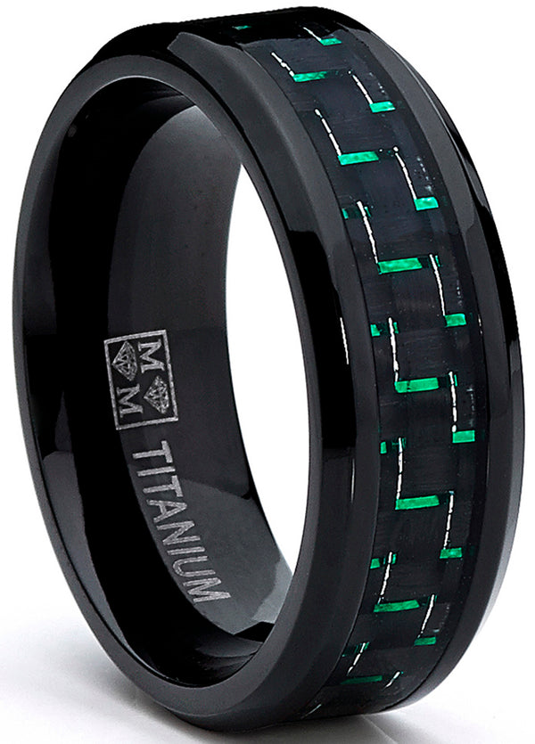 Men's Black Titanium Wedding Band Ring with Black and Green Carbon Fiber inlay, Comfort fit 8mm, Sizes 7 to 13