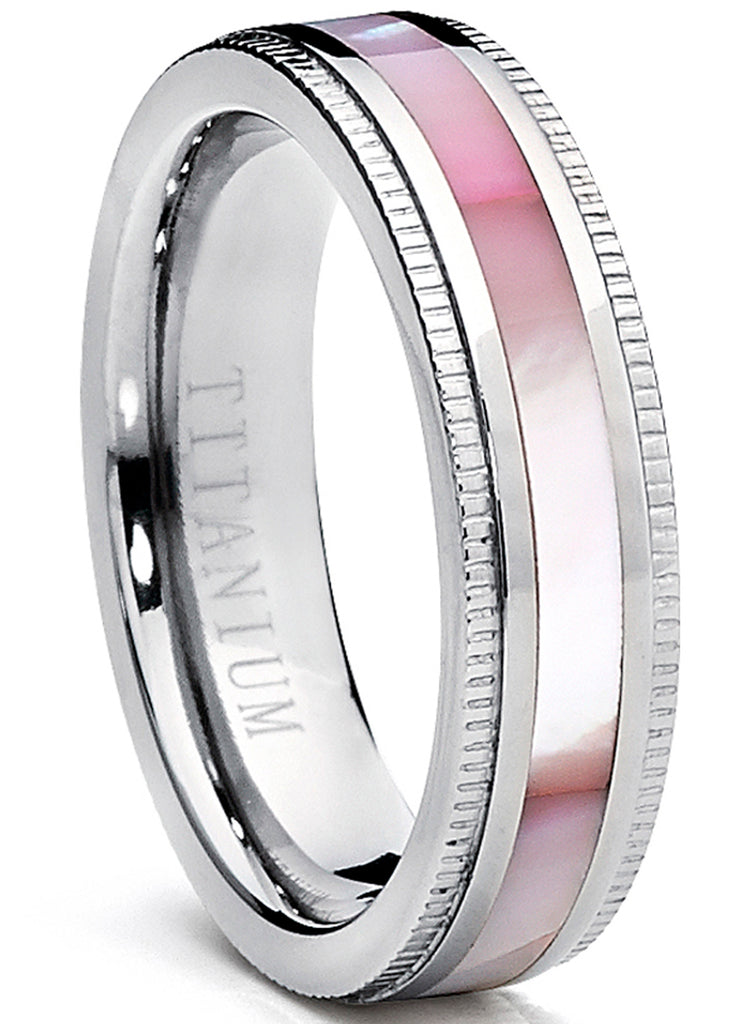 Titanium Women's Pink Hues Mother of Pearl Inlaid Band Ring, Comfort Fit, 5mm Sizes 5 to 9