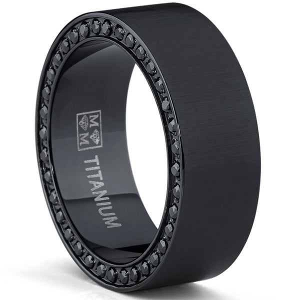 Black Titanium Men's Brushed Wedding Band Ring with Black Cubic Zirconia,Pave Set Eternity Ring