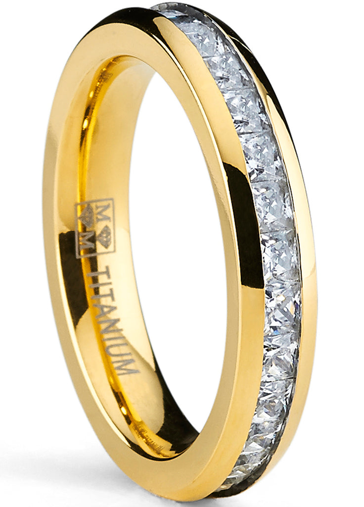 4MM Goldtone Plated Princess Cut women's Eternity Titanium Ring Wedding Band with Cubic Zirconia CZ