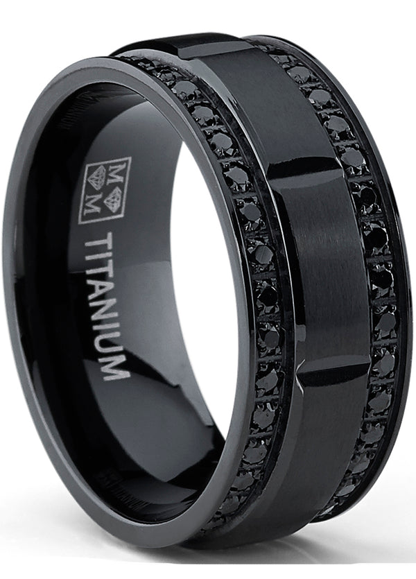 9MM Men's Black Titanium Wedding Band Ring with Double Row Black Cubic Zirconia, Comfort Fit