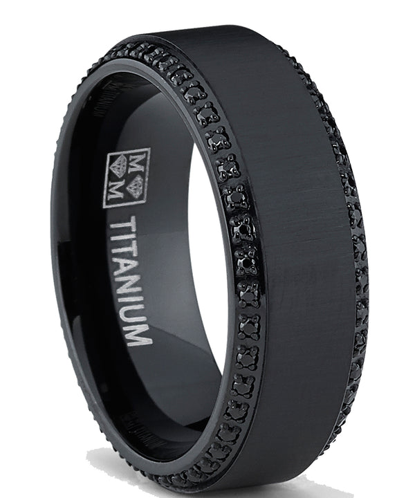 Black Titanium Men's  Brushed Wedding Band Ring W/ Black Cubic Zirconia, Two Row Eternity Ring