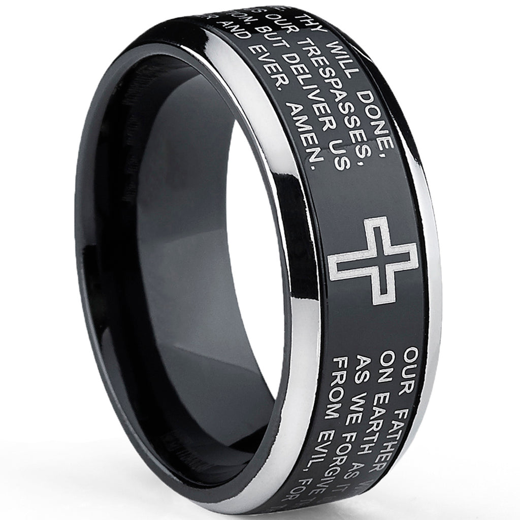 Men's Two Tone Black Titanium Lords Prayer Ring Band Sizes 7 to 13