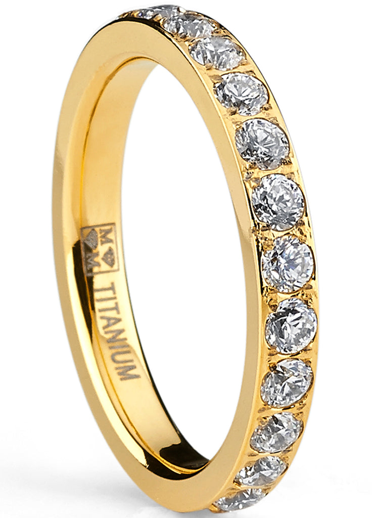 3MM Women's Goldtone Plated Titanium Eternity Ring, Wedding Band with Pave Set Cubic Zirconia