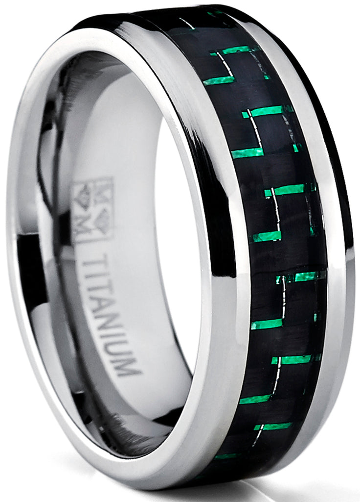 8MM Men's Titanium Wedding Band Ring with Black and Green Carbon Fiber Inlay, Comfort Fit