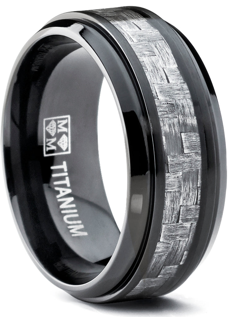 9MM Black Titanium Men's Wedding Band Ring with Wide Gray Carbon Fiber Inlay, Comfort Fit
