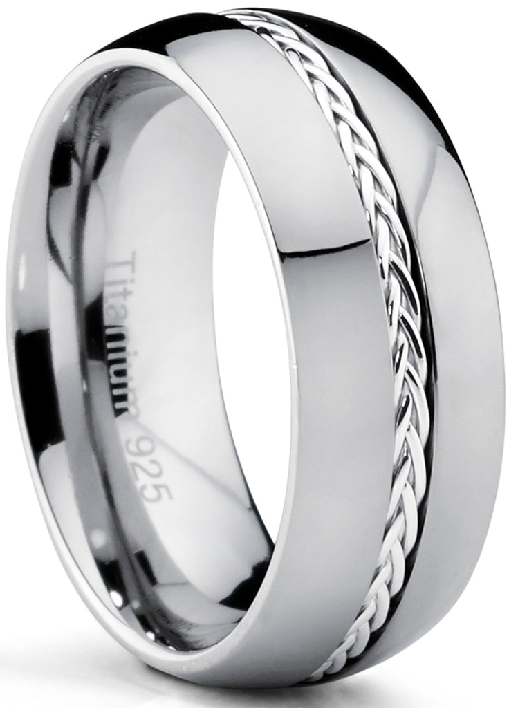 8MM Dome Titanium Men's Ring Band with Braided Silver Inlay, Comfort Fit, High Polish