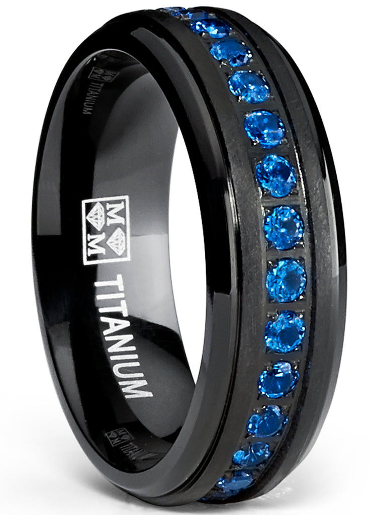 Black Titanium Men's Eternity Ring Band Deep Blue Cubic Zirconia 7MM CZ