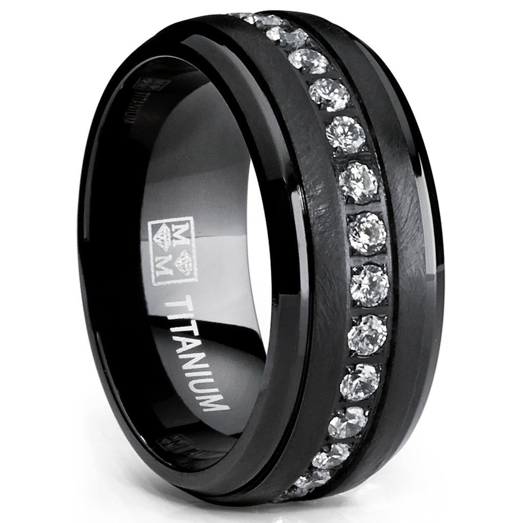 Black Titanium Men's Eternity Wedding Band Ring with Clear Round Cubic Zirconia 9mm
