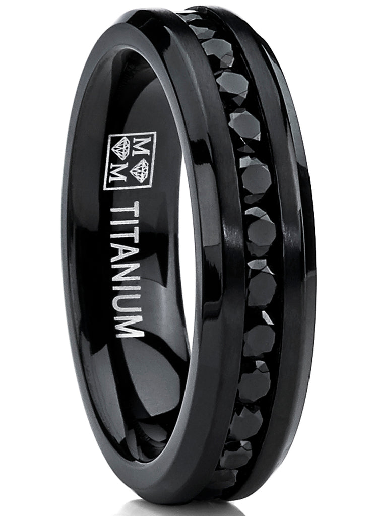 6MM Black Womens Eternity Titanium Ring Wedding Band W/ Black Cubic Zirconia
