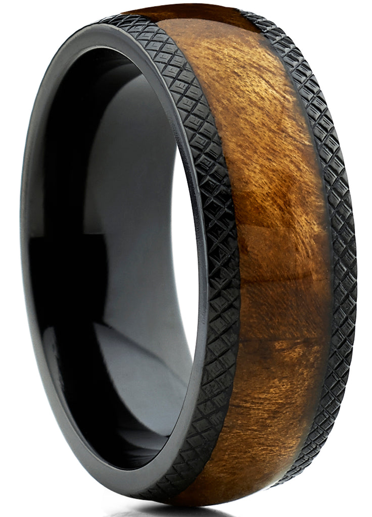 Men's Dome Black Titanium Wedding Band Ring with Real Marble Brown Wood Inlay, Comfort Fit 8mm