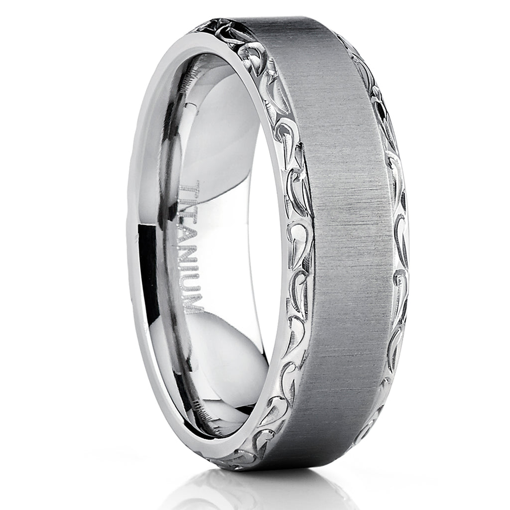 Men's Horizontal Brushed Titanium Wedding Band Ring With Hand Engraved High Polish Edges, 7mm Comfort Fit