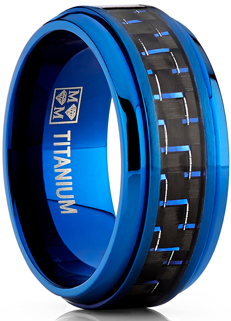 Men's Blue Titanium Wedding Bands Ring With Black and Blue Carbon Fiber Inlay, 9MM Comfort Fit