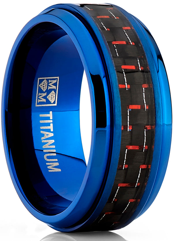 Men's Blue Titanium Wedding Bands Ring With Black and Red Carbon Fiber Inlay, 9mm Comfort Fit