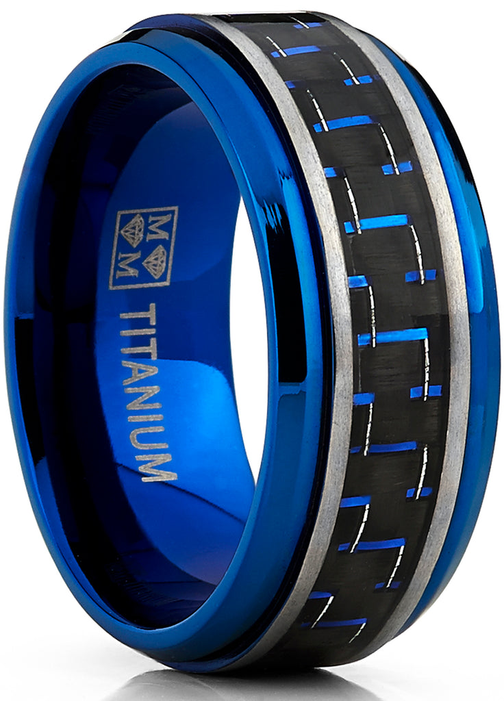 Men's Brushed Blue Titanium Wedding Bands Ring With Black and Blue Carbon Fiber Inlay, 9mm Comfort Fit