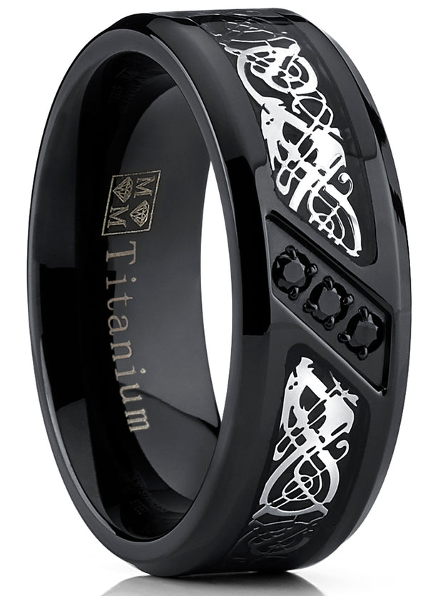 Men's Black Titanium Wedding Ring Band with Dragon Design Over Carbon Fiber Inlay and Black Cubic Zirconia