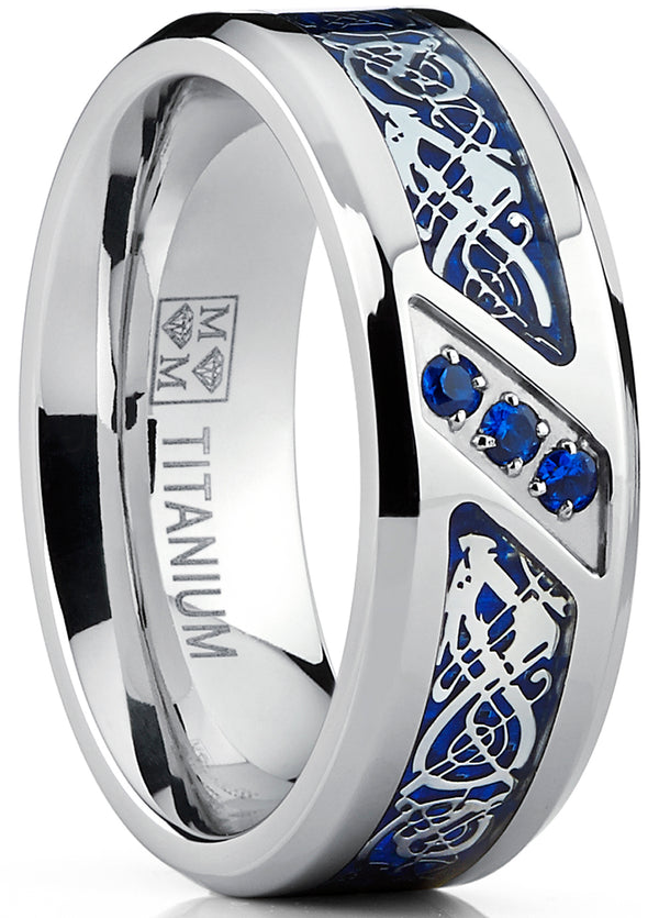 Men's Titanium Wedding Ring Band with Dragon Design Over Blue Carbon Fiber Inlay and Blue Cubic Zirconia