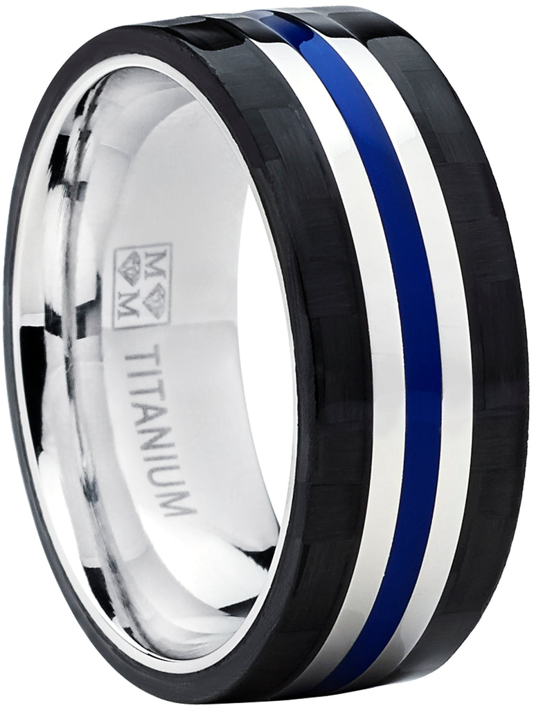 Men's 9MM Titanium Wedding Band Ring With Wide Black Carbon Fiber and Blue Resin Inlay Center, Comfort Fit