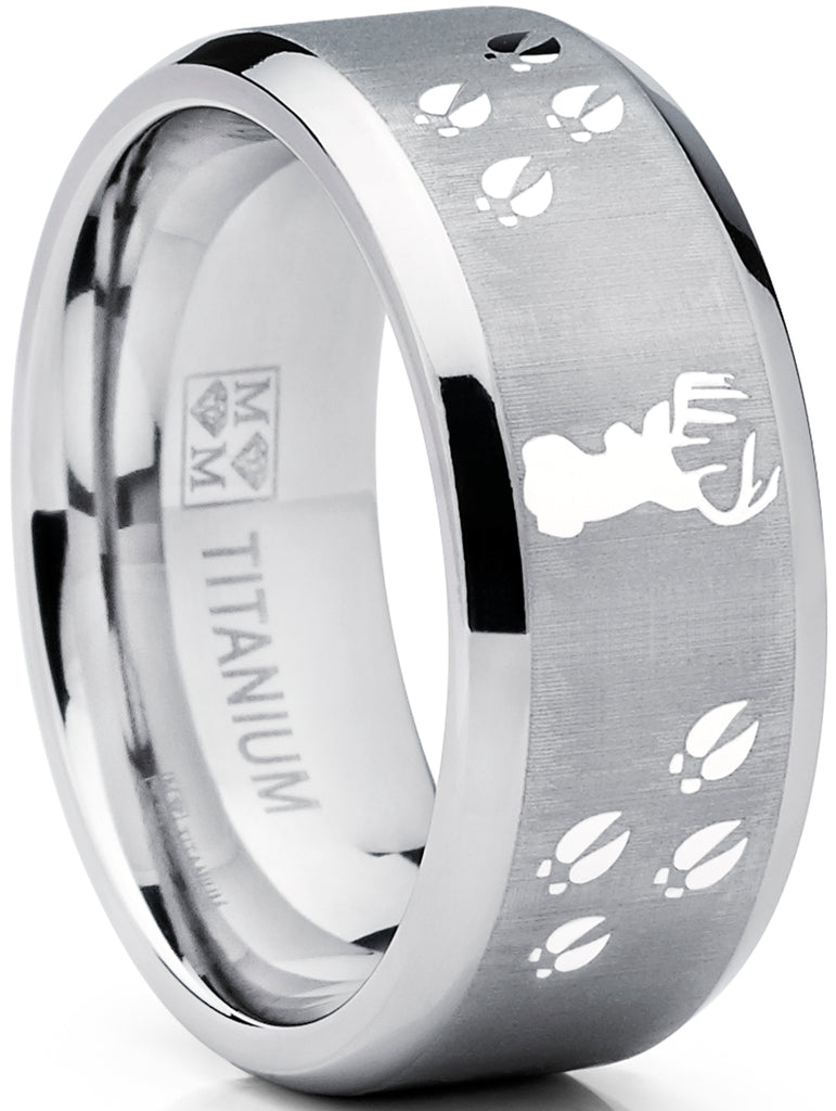 9MM Sating Finish / High Polish Deer Track Titanium Ring Wedding Band, Outdoor Jewelry, Men's Hunting Ring