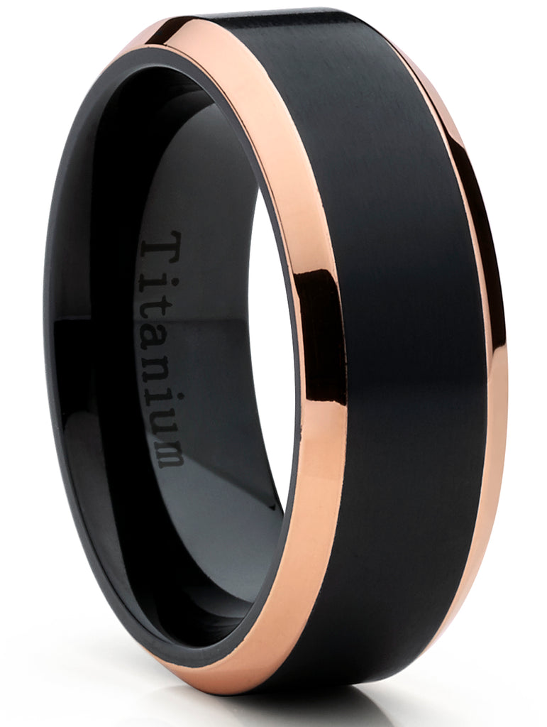 Rose Tone / Black Titanium Ring Wedding Band, Engagement Ring, High Polish Beveled Edge Ring