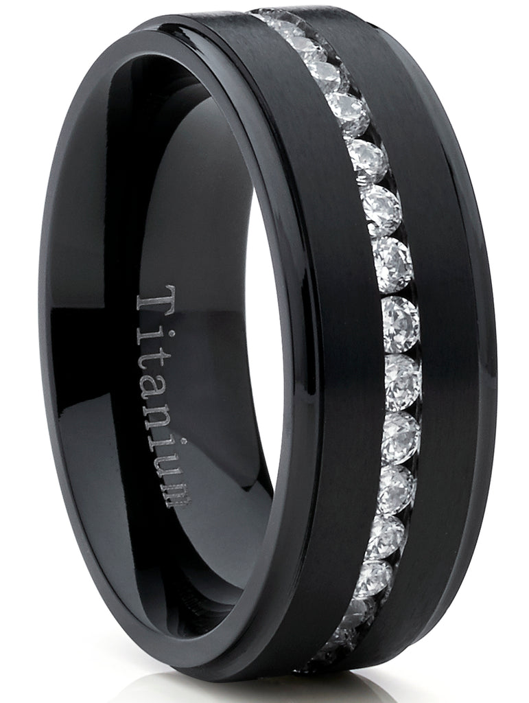 1.5 Ct. Black Titanium Men's Eternity Wedding Band Ring Cubic Zirconia CZ Comfort-Fit 8mm
