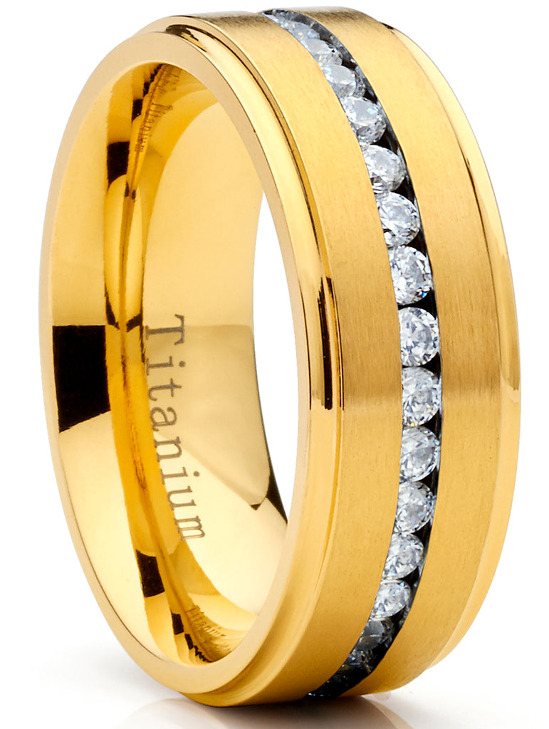 1.5 Ct. Titanium Men's Eternity Goldtone Wedding Band Ring Cubic Zirconia CZ 8MM