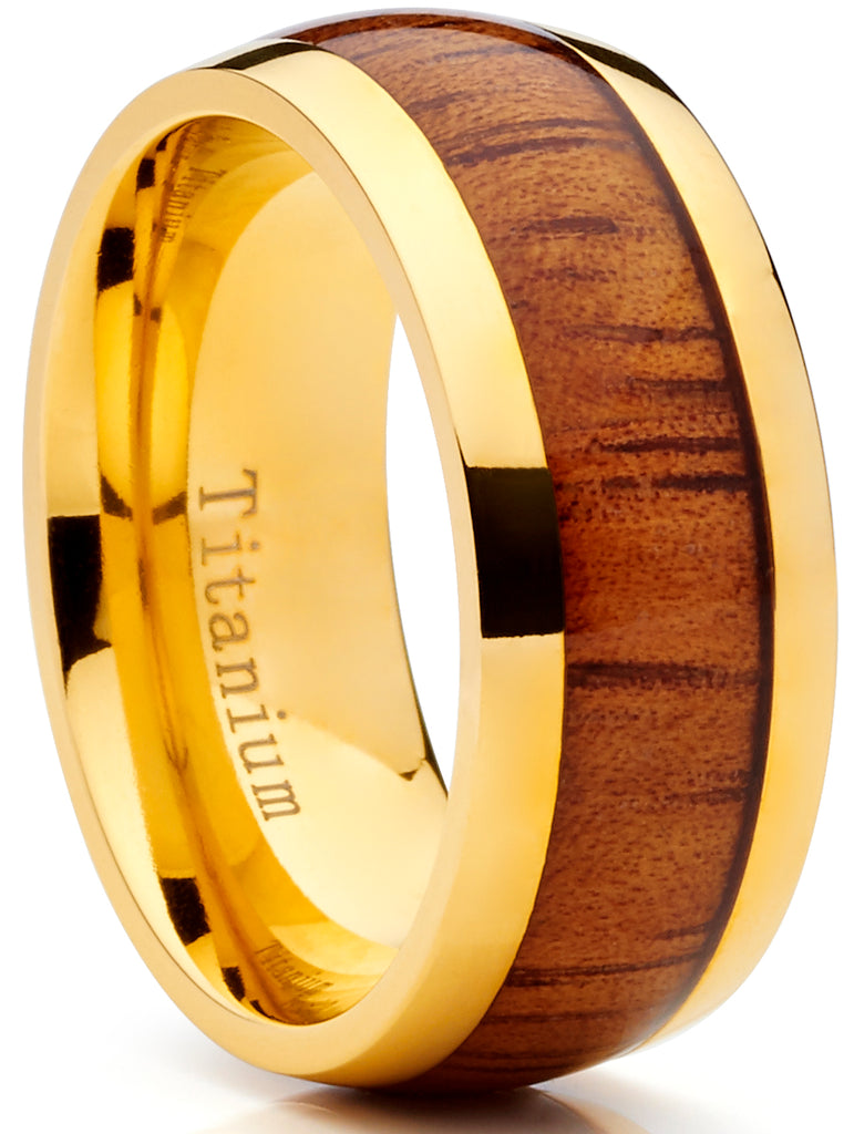 GoldTone Titanium Ring Wedding Band, Engagement Ring with Real Wood Inlay, 9mm Comfort Fit