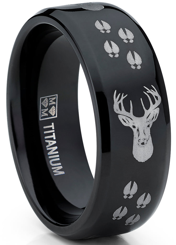 8MM Black High Polish Deer Head Track Titanium Ring Wedding Band, Men's Hunting Ring, Outdoor Jewelry