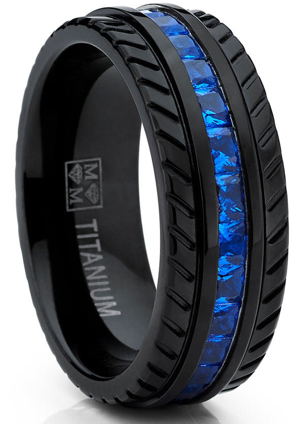 Men's Black Titanium Wedding Band, Engagement Eternity ring  W/ Princess Cut Deep Blue Cubic Zirconia CZ