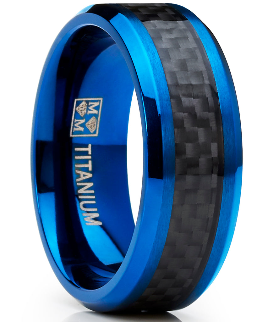 Men's Titanium Wedding Band, Engagement Ring, Blue Ion Plating and Black Cardon Fiber Inlay 8-13