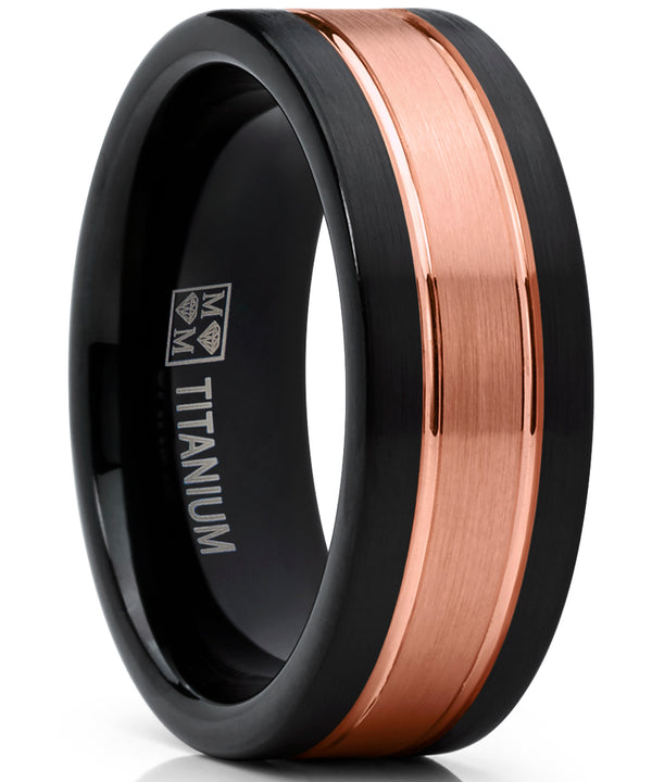 Titanium Ring Wedding Band, Rose Tone Black Brushed Engagement Ring, Grooved, Comfort Fit 7-13