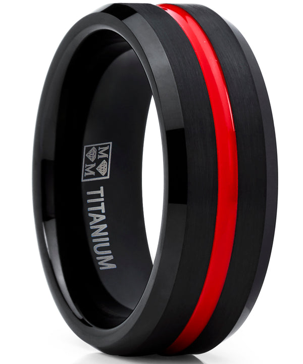 Men's Titanium Ring Wedding Band, Black and Red Plated Brushed Engagement Ring, Grooved, Comfort Fit 7-13