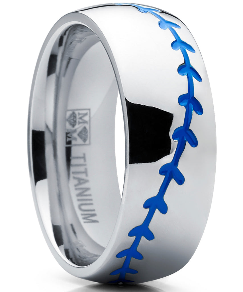 Titanium Sports Baseball Ring Wedding Band with Blue Stitching, Comfort Fit, Dome High Polish Finish 8mm Sizes 8 to 13