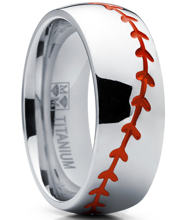 Titanium Sports Baseball Ring Wedding Band with Red Stitching, Comfort Fit, Dome High Polish Finish 8mm Sizes 8 to 13