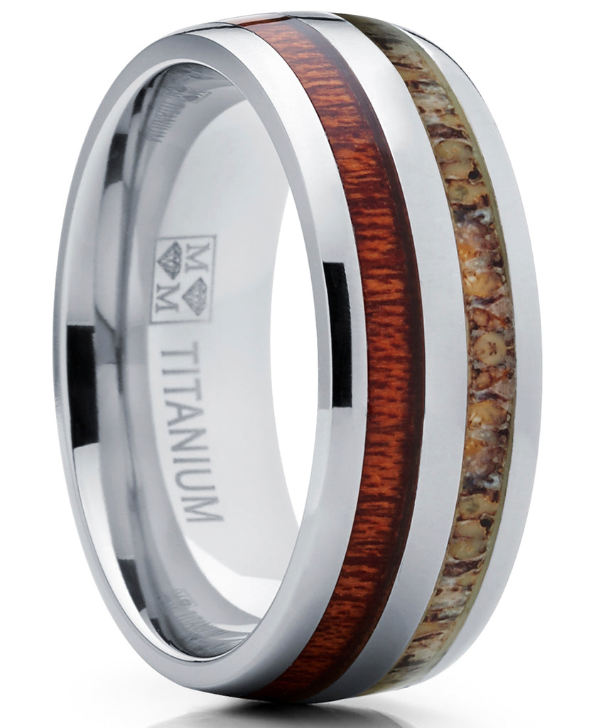Men's Dome Titanium Ring Wedding Band with Real Deer Antler and Koa Wood Inlay, Outdoor Hunting, Comfort Fit