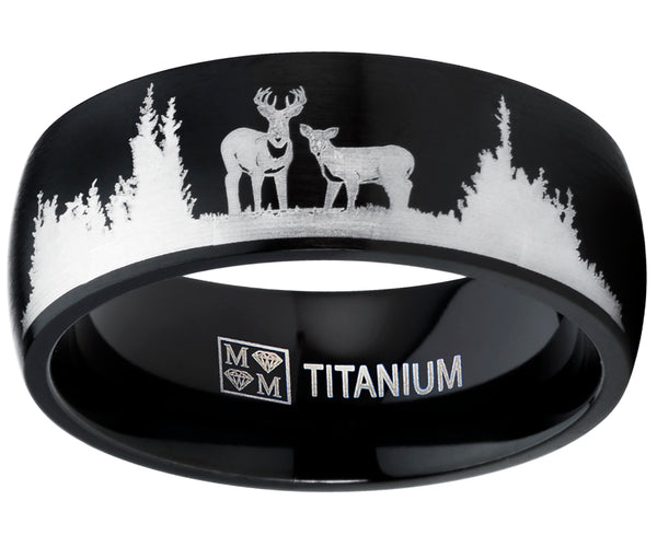 Men's Black Outdoor Hunting Titanium Ring Wedding Band with Laser Etched Deer Stag Scene 8mm
