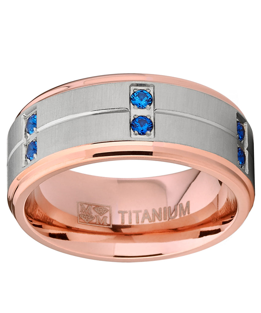 Men's Rose Gold Tone Titanium Wedding Band Ring with Blue Cubic Zircon –  Metal Masters Co.