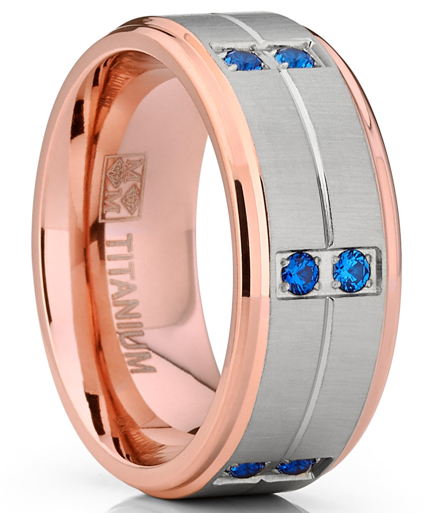 Men's Rose Gold Tone Titanium Wedding Band Ring with Blue Cubic Zirconia Comfort Fit 9mm