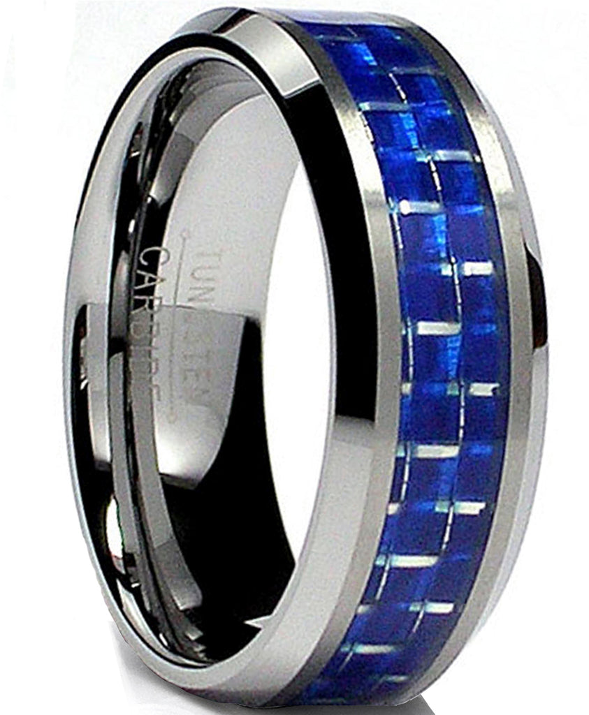 Women's 8MM Flat Top Tungsten Carbide Ring Wedding Blue Carbon Fiber Inlay Sizes 7-13