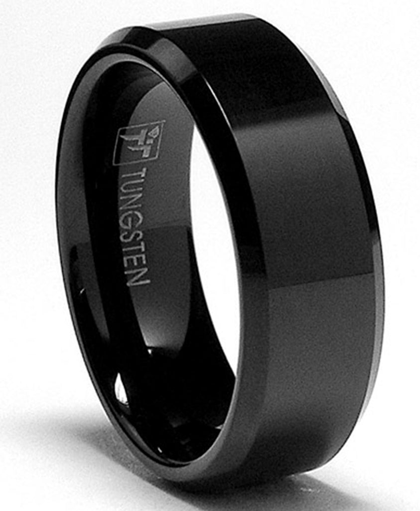 Men's 8MM Black High Polish Beveled Edge Tungsten Carbide Ring sizes 6 to 15