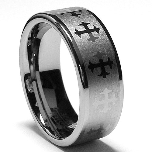 8MM Mens Tungsten Ring with Infinity Laser Etched Cross Design size 7 to 13