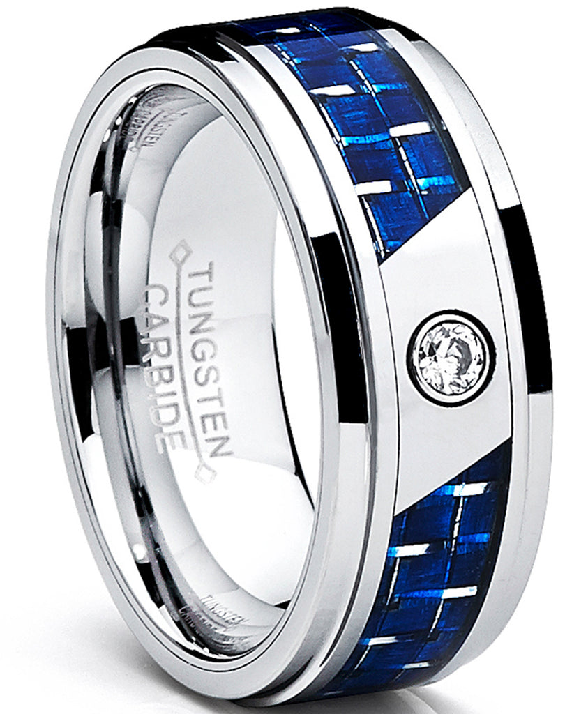 8MM Men's Tungsten Carbide Ring W/ Blue Carbon Fiber Inaly and CZ