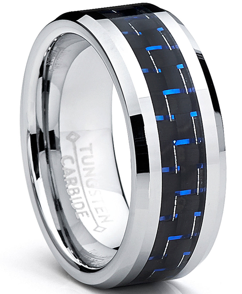 8MM Men's Tungsten Carbide Ring W/ BLACK & BLUE Carbon Fiber Inaly Sizes 5 to 15