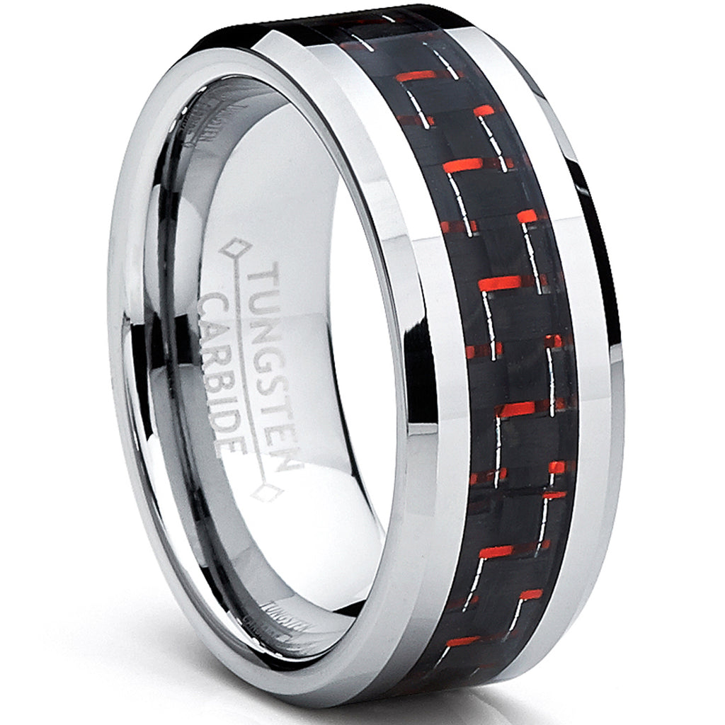 8MM Men's Tungsten Carbide Ring W/ BLACK & RED Carbon Fiber Inlay Sizes 6 to 15